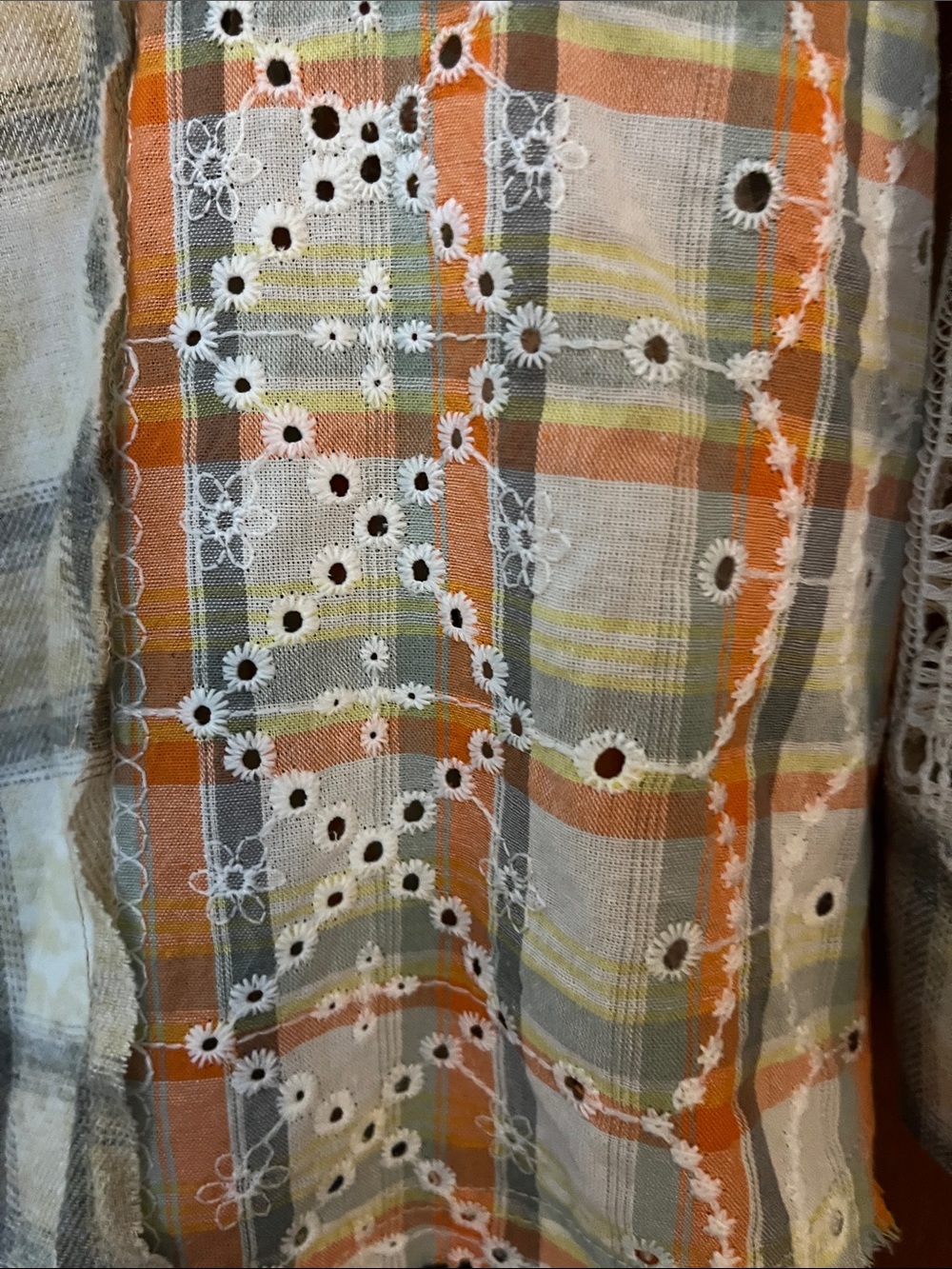 POL Plaid & Lace Patchwork Button-Up Shirt - Beige-Orange-Cream w/Open Lace - Picture 10 of 14